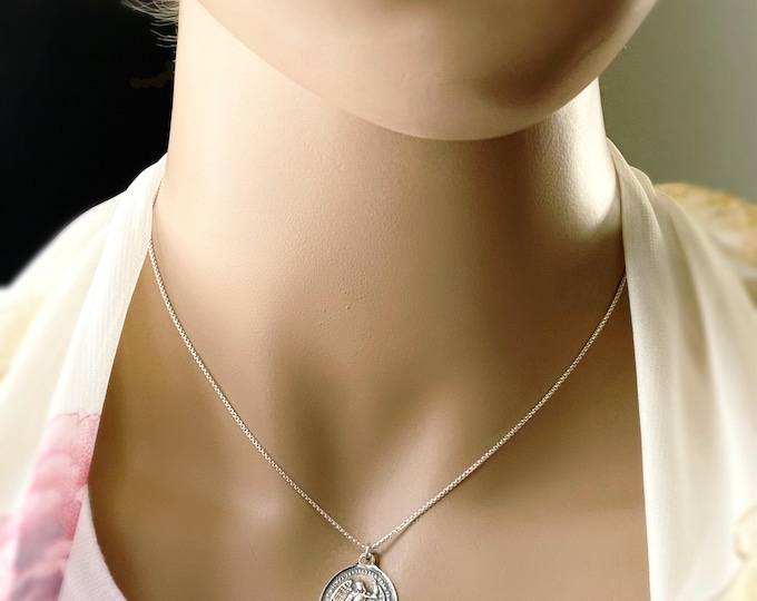 Sterling Silver Saint Michael on Curb Chain Necklace, Reversible with Mother Mary, Inspirational Protection Coin, Police and Fire, #1111