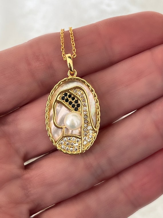 Girl with Pearl Earring Necklace, Gold Pearl Necklace, Mother of Pearl Pendant with a 5-6mm Freshwater Pearl, Adjustable Length. #1639