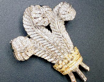 Prince of Wales Ostrich Feather Brooch , Royal Replica Pin, 14k Gold and Rhodium Plated Zircon Brooch, Historic British Inspired #1799
