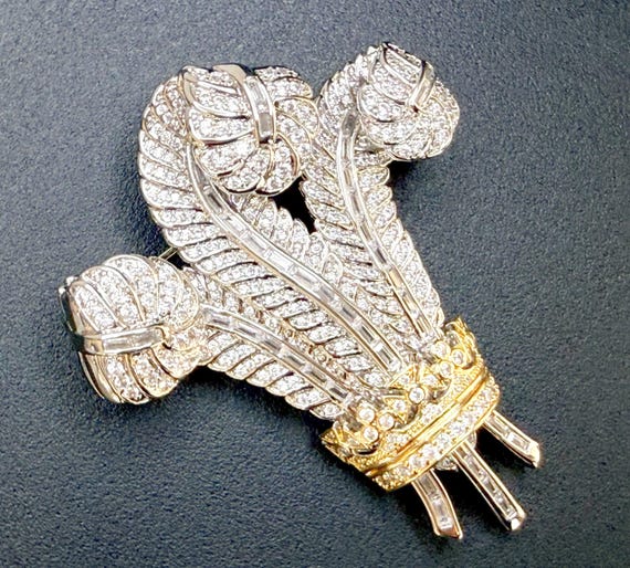 Prince of Wales Ostrich Feather Brooch , Royal Replica Pin, 14k Gold and Rhodium Plated Zircon Brooch, Historic British Inspired #1799