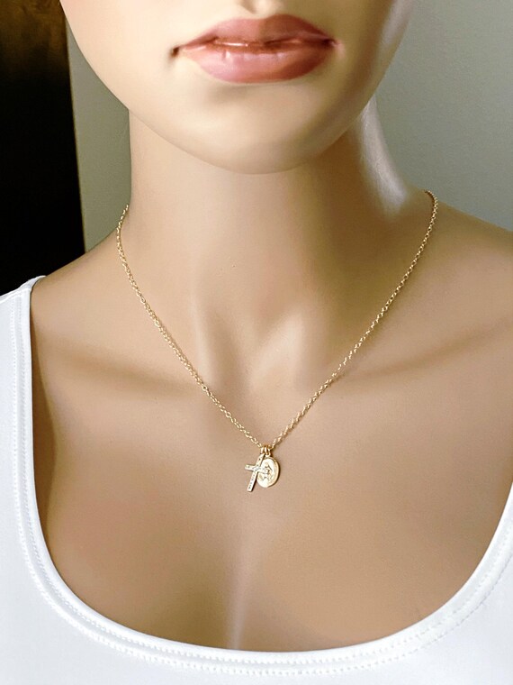 Mother Mary and Cross Necklace, 14k Gold Fill or Silver Oval Coin Necklace Layered with a Pattern Cross, Inspirational, #954 / #982