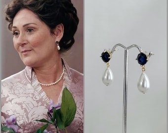 Bridgerton Inspired Sapphire Blue & Drop Pearl Earrings, Dainty Victorian Earrings, Mom Gift Idea, September Birthstone #1856