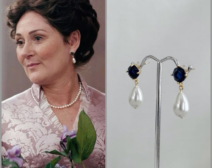 Bridgerton Inspired Sapphire Blue & Drop Pearl Earrings, Dainty Victorian Earrings, Mom Gift Idea, September Birthstone #1856