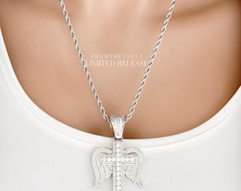 Silver Cross Necklace with Wings, Zircon Angel Wing Cross Pendant, Rope Chain 20", Faith Jewelry, Limited Release, #2021
