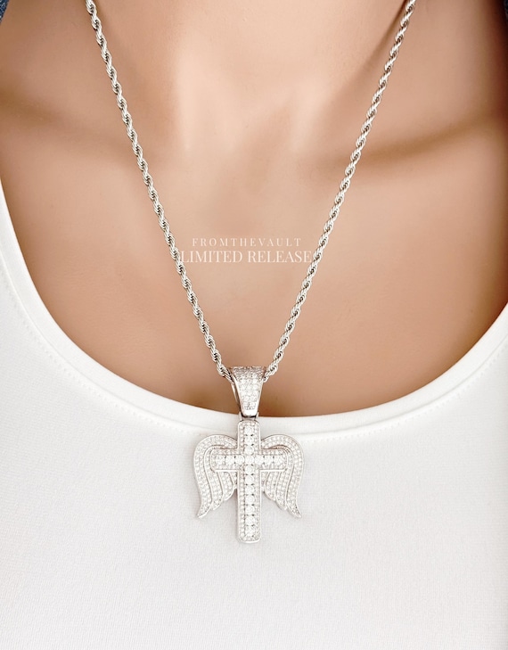 Silver Cross Necklace with Wings, Zircon Angel Wing Cross Pendant, Rope Chain 20", Faith Jewelry, Limited Release, #2021