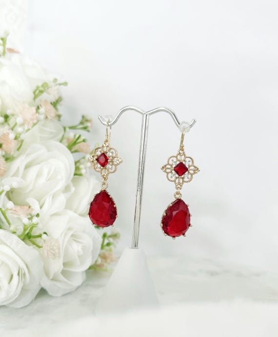 Ruby Red Bridgerton Inspired Art Deco Zircon Dangle  Drop Earrings, Dainty & Regal, 14k Gold Filled Earwires #1818
