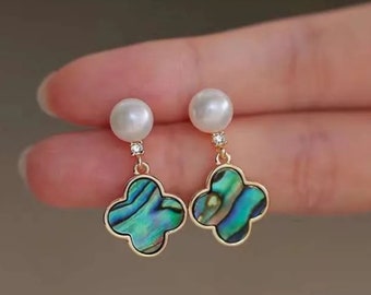 Abalone Clover Zircon Pearl Earrings, Blue Green Shell Clover & Freshwater Pearl Posts, Beach Boho Wedding #1659
