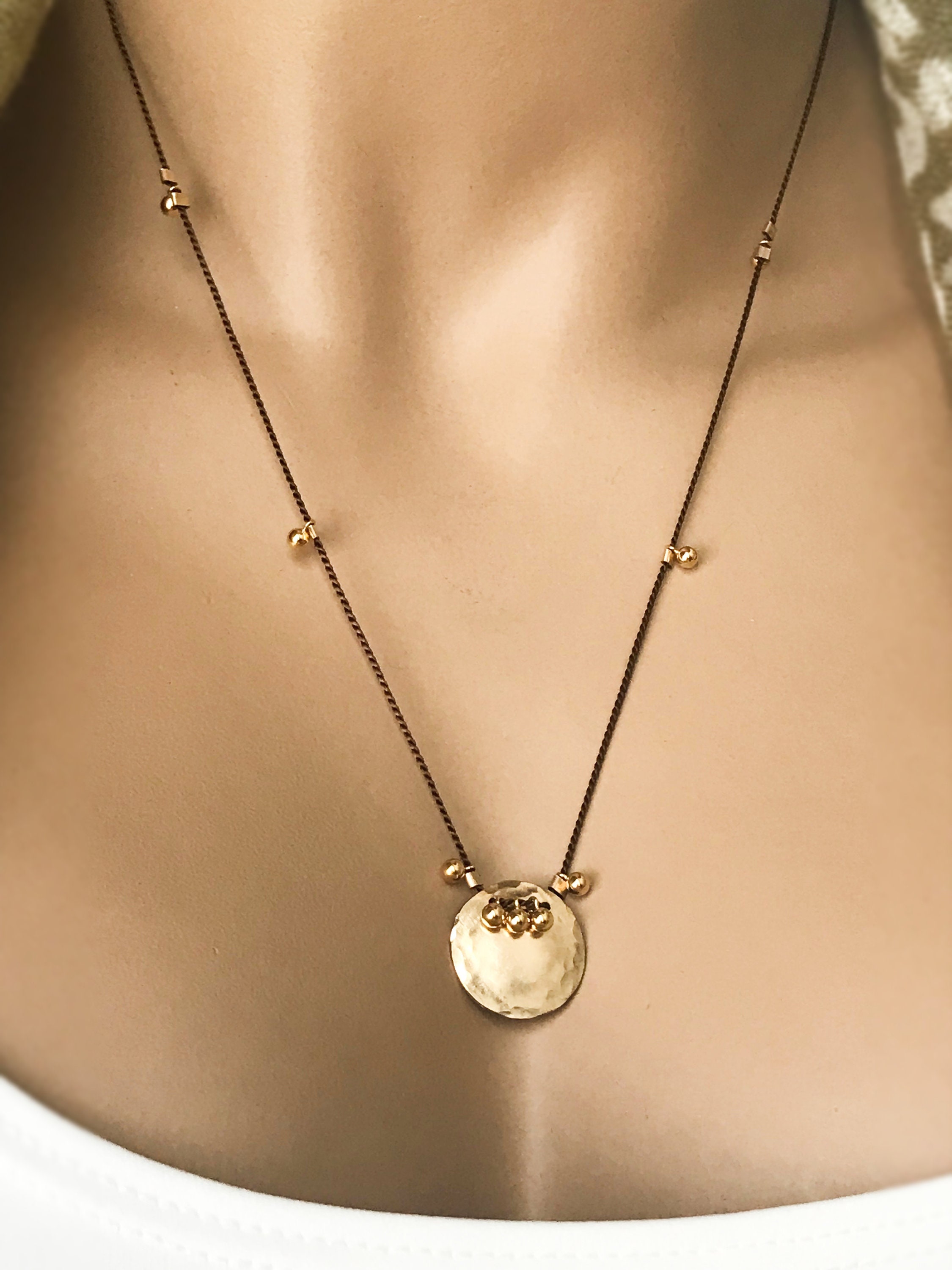14k Gold Filled Hammered Disc with Dangling 14k Gold Filled Beads, Silk ...