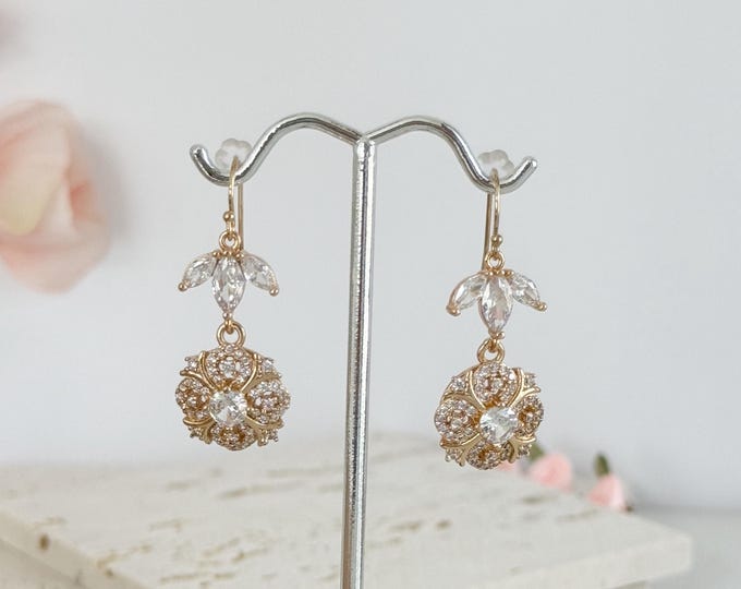 Victorian Marquise Zircon Petal Drop Earrings, 14k Gold Filled Chandelier Earrings, Regal Wedding Jewelry #1880