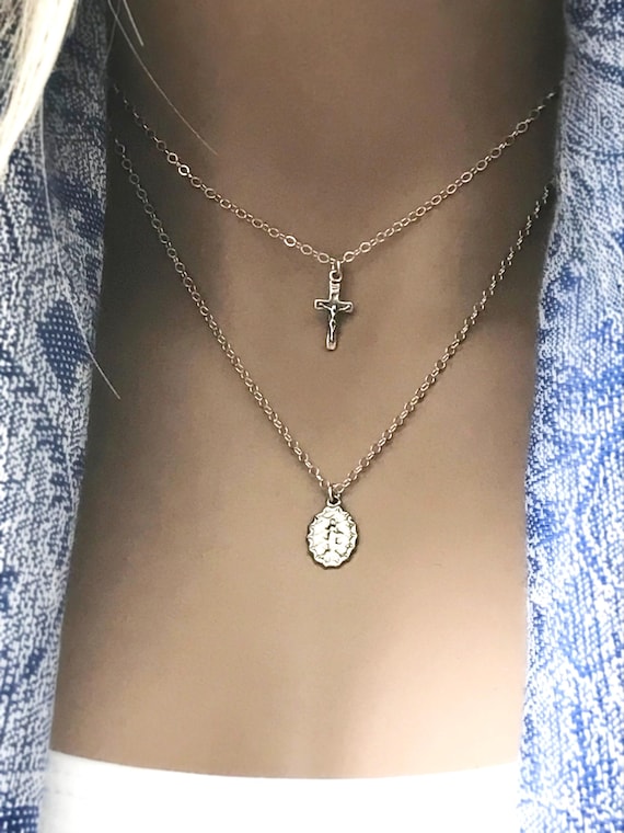 Sterling Silver Mother Mary & Cross Necklace Set - Artisan Religious Jewelry,  #667