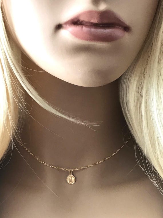 Dainty 14k Gold Filled Guadalupe Choker: Gold Figaro Chain Necklace, Inspirational Jewelry, #495