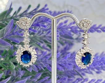 Bridgerton Inspired Royal Zircon Diamond Earrings, Sapphire Blue and Clear Crystal, Bridal Chandelier Earrings, Royal Crest Halo Post  #1693