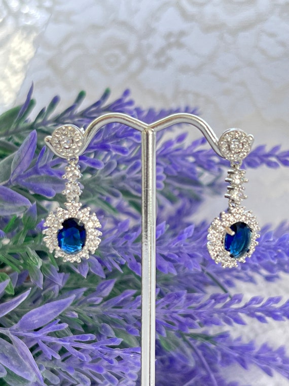 Bridgerton Inspired Royal Zircon Diamond Earrings, Sapphire Blue and Clear Crystal, Bridal Chandelier Earrings, Royal Crest Halo Post  #1693