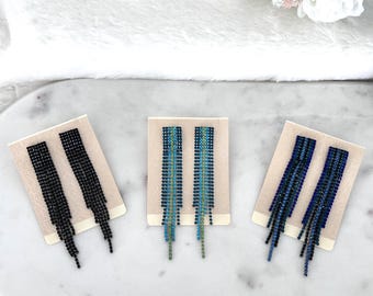 Long Rhinestone Fringe Tassel Earrings, All Black or Ombre Light Blue Fringe, Glamour Tassel Earrings, Rhinestone Earrings, #847