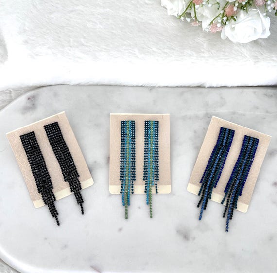 Long Rhinestone Tassel Earrings: Ombre Blue or Black Fringe