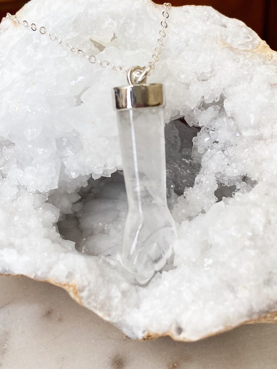 Crystal Quartz Gemstone Sterling Silver Necklace,Figa Fist Gemstone Charm, Goddess Call for Fertility, Ward Off Evil, Good Luck Charm, #1149