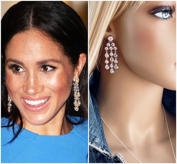 Meghan Markle Inspired Zircon Chandelier Earrings, Sterling Silver Posts, Round & Teardrop Zircon Bezels, Royal Inspiration, #1559