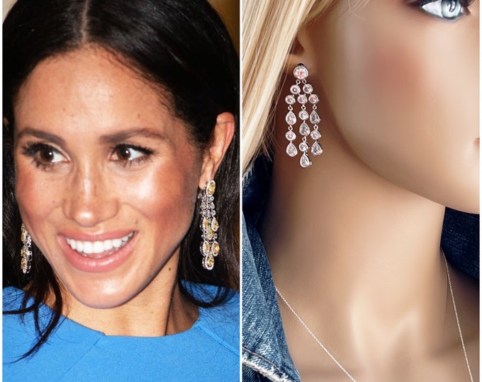 Meghan Markle Inspired Zircon Chandelier Earrings, Sterling Silver Posts, Round & Teardrop Zircon Bezels, Royal Inspiration, #1559