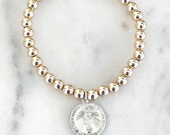 14k Gold Large Luxury Beaded Bracelet & Sterling Silver Mother Mary Charm Stretch Bracelet, 5mm 14k Gold Filled Beads, Inspirational #1295