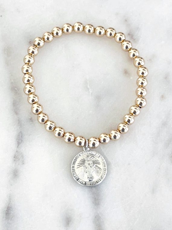 14k Gold Filled Mother Mary Bracelet: Stackable Large Bead Stretch Bracelet, Inspirational Jewelry #1295