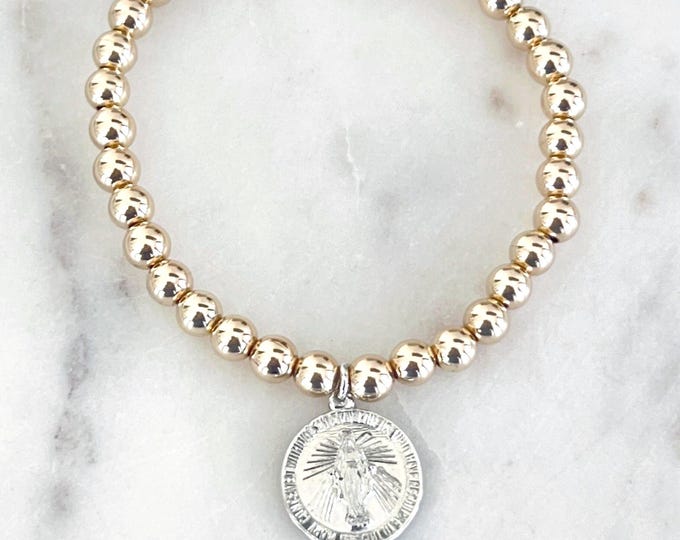 14k Gold Large Luxury Beaded Bracelet & Sterling Silver Mother Mary Charm Stretch Bracelet, 5mm 14k Gold Filled Beads, Inspirational #1295