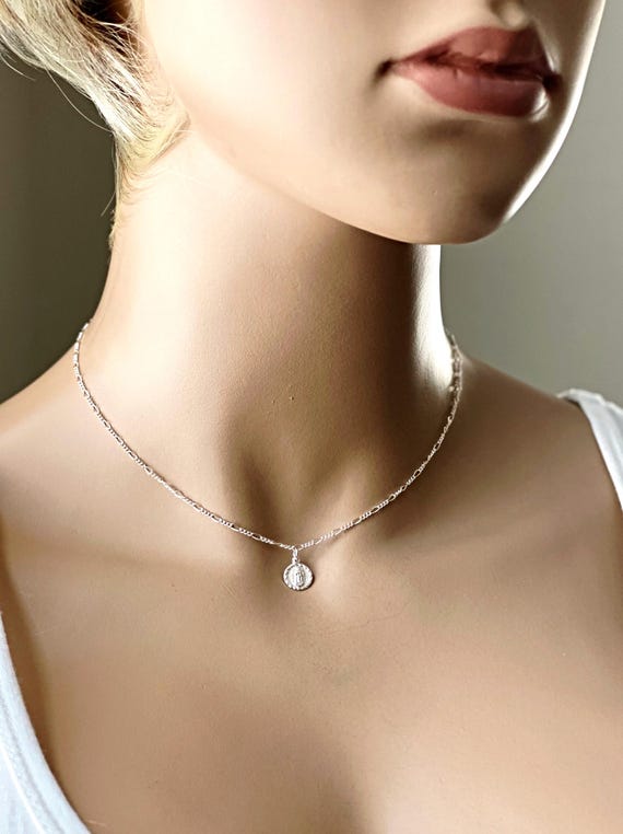 Sterling Silver Guadalupe Choker, Jessie Inspired Guadalupe Necklace, Figaro Chain, Gift for Her, Communion Gift, #1142