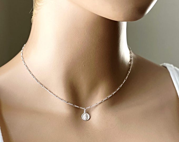 Sterling Silver Guadalupe Choker, Jessie Inspired Guadalupe Necklace, Figaro Chain, Gift for Her, Communion Gift, #1142