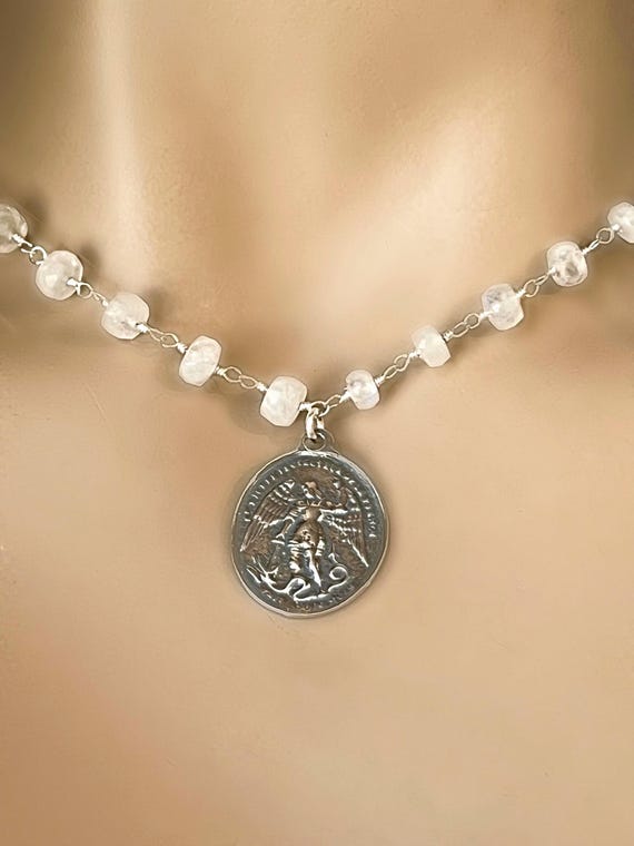 Sterling Silver Saint Michael Rosary Necklace ~ Saint Michael Protection Medallion on Rainbow Moonstone Gemstone Rosary, Air/Sea #1213