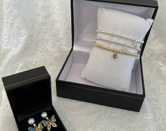 Luxury Jewelry Box Upgrade, Fancy Add On, Gold Trim, Leatherette, Flip up Box, For Pearls, Earrings or Bracelet  #1671