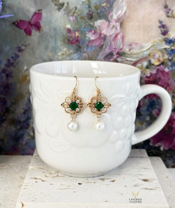 Freshwater Pearl Drop Earrings, Bridgerton Inspired, Emerald Diamond Center Zircon Earrings, Dainty 14k Gold Filled Jewelry #1941