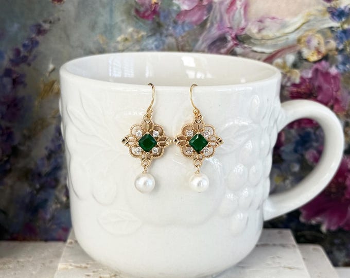 Freshwater Pearl Drop Earrings, Bridgerton Inspired, Emerald Diamond Center Zircon Earrings, Dainty 14k Gold Filled Jewelry #1941