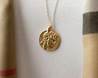 Perseus Gold Greek Coin Medallion, 14k Gold Filled Chain Necklace, Coins from Greece, Ancient Replicas