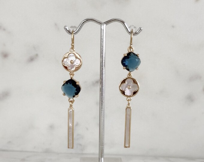 Denim Blue 14k Asymmetrical Clover Shell Earrings, Long Gold Filled MOP Stick Shell Dangles, Beach Blue Boho Wedding Earrings, #1723