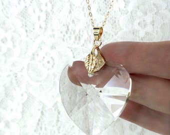 Large Faceted Swarovski Crystal Heart Necklace, Long 14k Gold Filled Chain, Motif Leaf Design Bail, Golden Chain, Sparkling Heart #1821