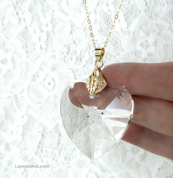 Large Faceted Swarovski Crystal Heart Necklace, Long 14k Gold Filled Chain, Motif Leaf Design Bail, Golden Chain, Sparkling Heart #1821