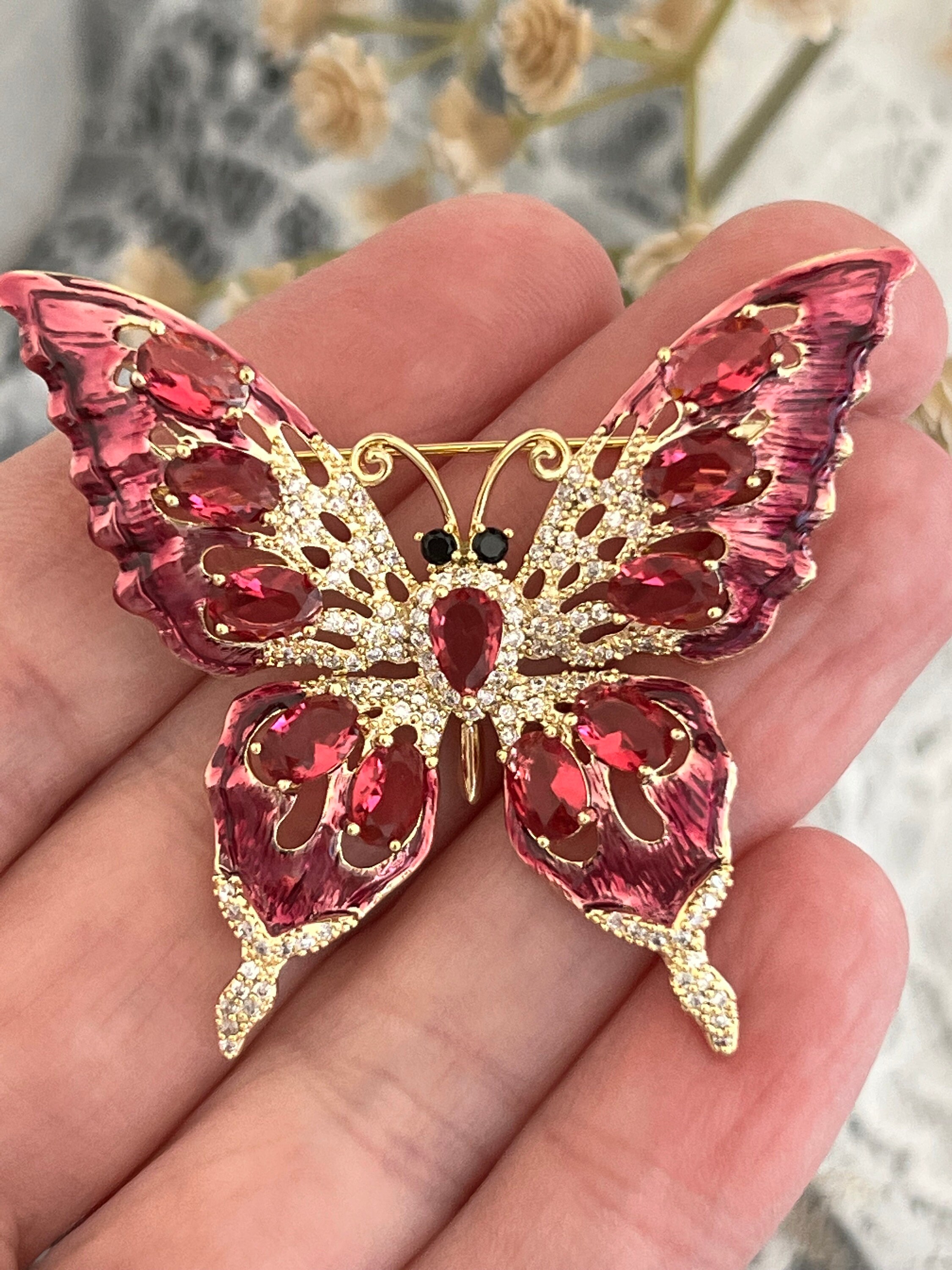 Queen Elizabeth Rose Red Butterly Zircon Brooch Rubies Diamonds
