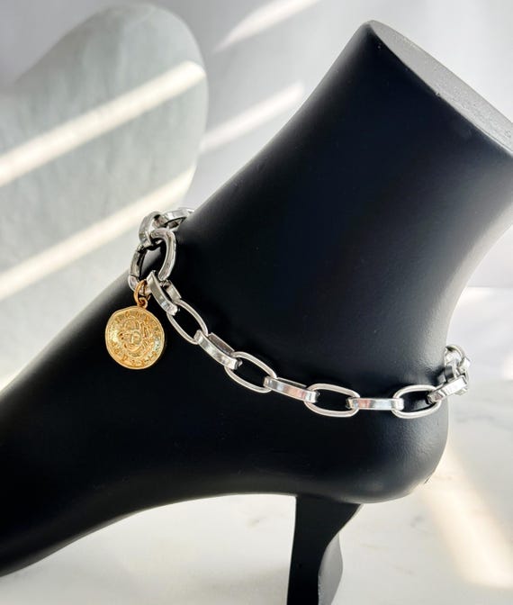 Chunky Stainless Steel Anklet, Gold Medusa Coin Charm Holder, Mixed Metal Statement Anklet, Thick Oval Link Chain Luxury Anklet, #2054