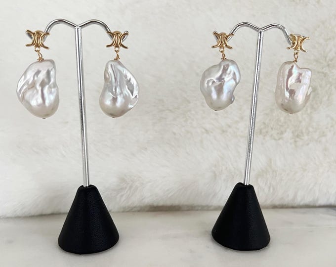 Large White Baroque Pearl Earrings, Big & Beautiful High Luster Pearls, Gold Crescent Moons with Sterling Silver Pins, #1534
