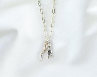 Sterling Silver Mano Cornuto & Italian Horn Necklace, Modern Paperclip Chain, Double Charm Necklace, Protection and Luck, #1902