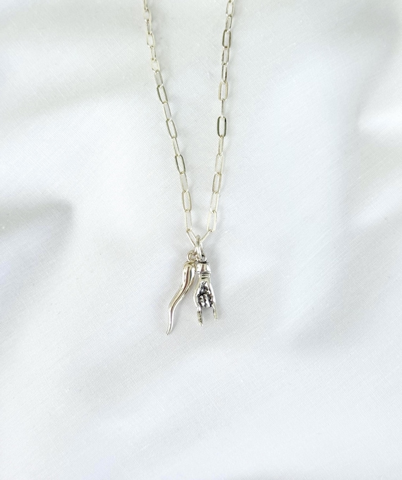 Sterling Silver Mano Cornuto & Italian Horn Necklace, Modern Paperclip Chain, Double Charm Necklace, Protection and Luck, #1902