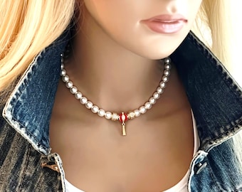 Gold Tassel Pearl Choker, Rock Star Jewelry, White Czech Pearls, Zircons & Pearls with Adjustable Choker Lengths, #1720
