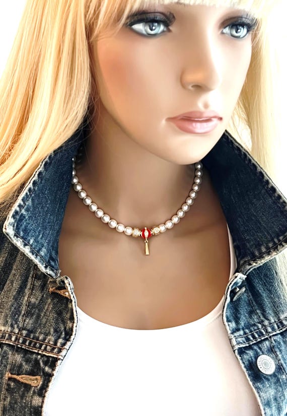 Gold Tassel Pearl Choker, Rock Star Jewelry, White Czech Pearls, Zircons & Pearls with Adjustable Choker Lengths, #1720