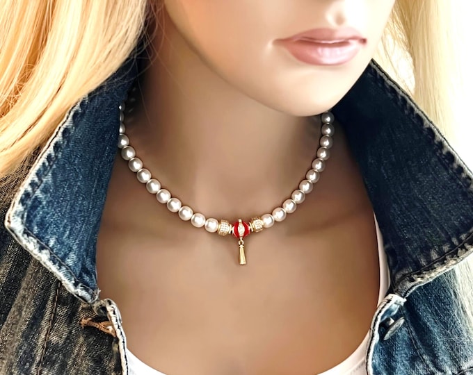 Gold Tassel Pearl Choker, Rock Star Jewelry, White Czech Pearls, Zircons & Pearls with Adjustable Choker Lengths, #1720