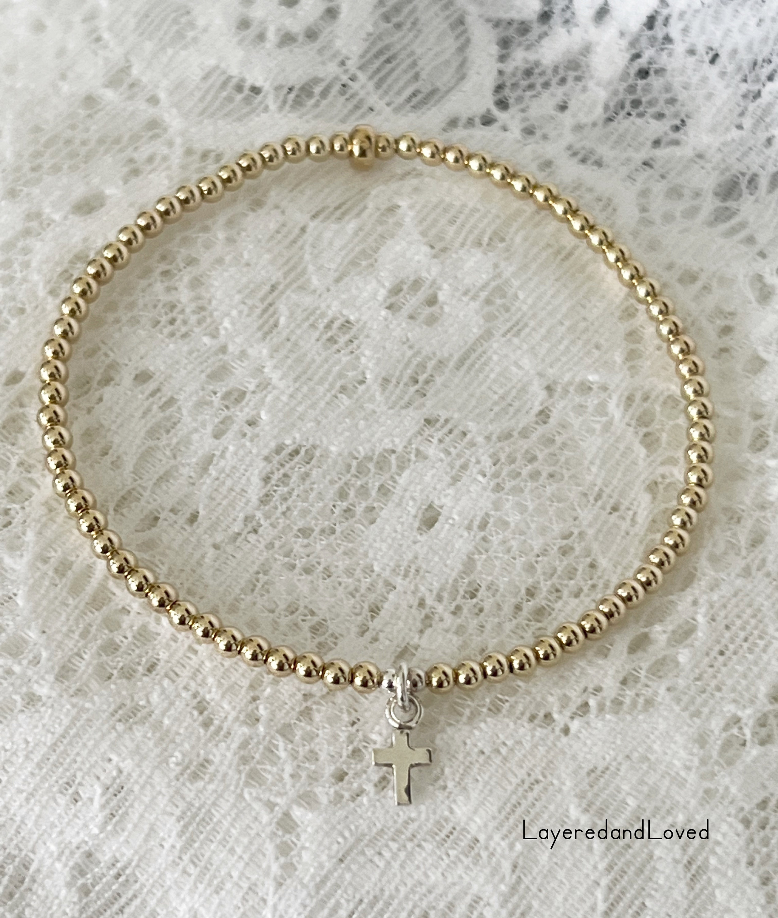 Dainty 14k Beaded Cross Bracelet Sterling Silver Teeny Tiny Cross 14k Gold Filled Beads Inspirational Boho Stretch Bracelet 1607