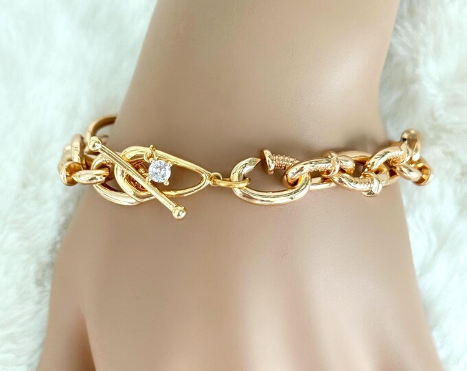 Gold Chunky Chain Bracelet, Nail Links, Zircon Dangle Toggle Clasp, CZ Charm Bracelet, Gift for Her #1924