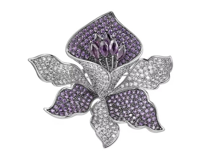 Luxury Zircon Orchid Brooch, Lite Amethyst & Clear Zircons, Pendant Hook on Back, Gorgeous Lapel Brooch, Men's Floral Pin, #1807