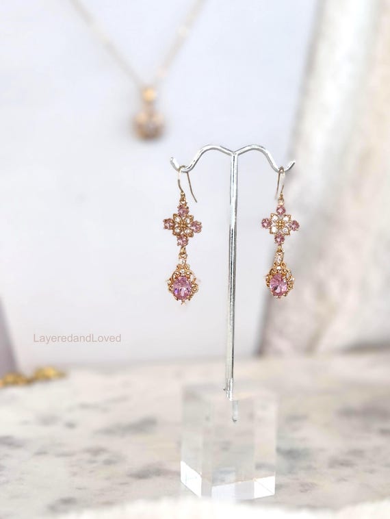 Wedding Pink Diamond Zircon Earrings, 14k Gold Filled Victorian Era Earrings, October Birthday, Bridgerton Style, #1816