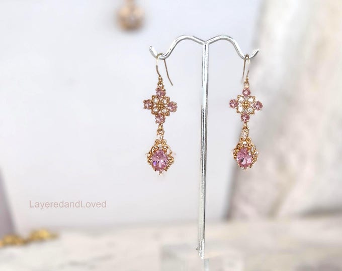Wedding Pink Diamond Zircon Earrings, 14k Gold Filled Victorian Era Earrings, October Birthday, Bridgerton Style, #1816