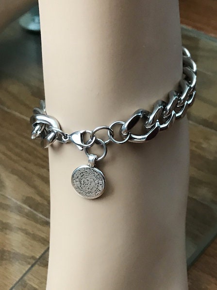 Thick Curb Chain Anklet, Silver Stainless Steel, Phaistos Charm Dangle ...