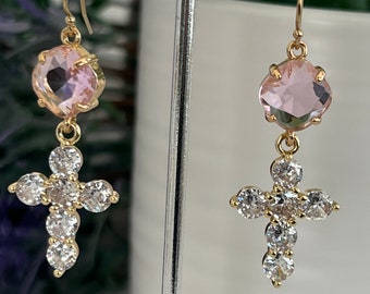 Large Sparking Crystal Cross Earrings, 14k Gold Filled Inspirational Earrings, Birthstone Connectors, Sparkling Crosses, #1227